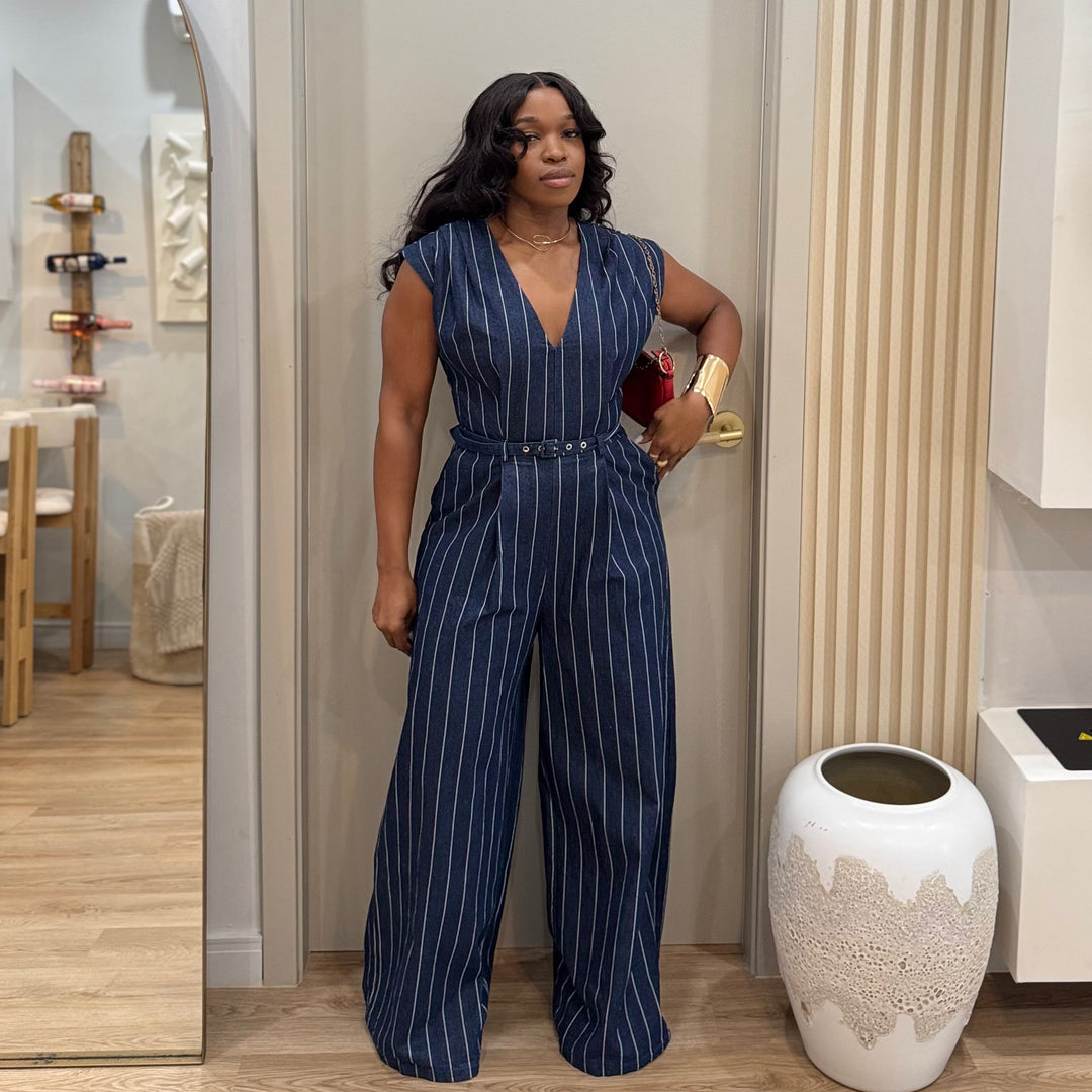 Pursuit stripe denim jumpsuit