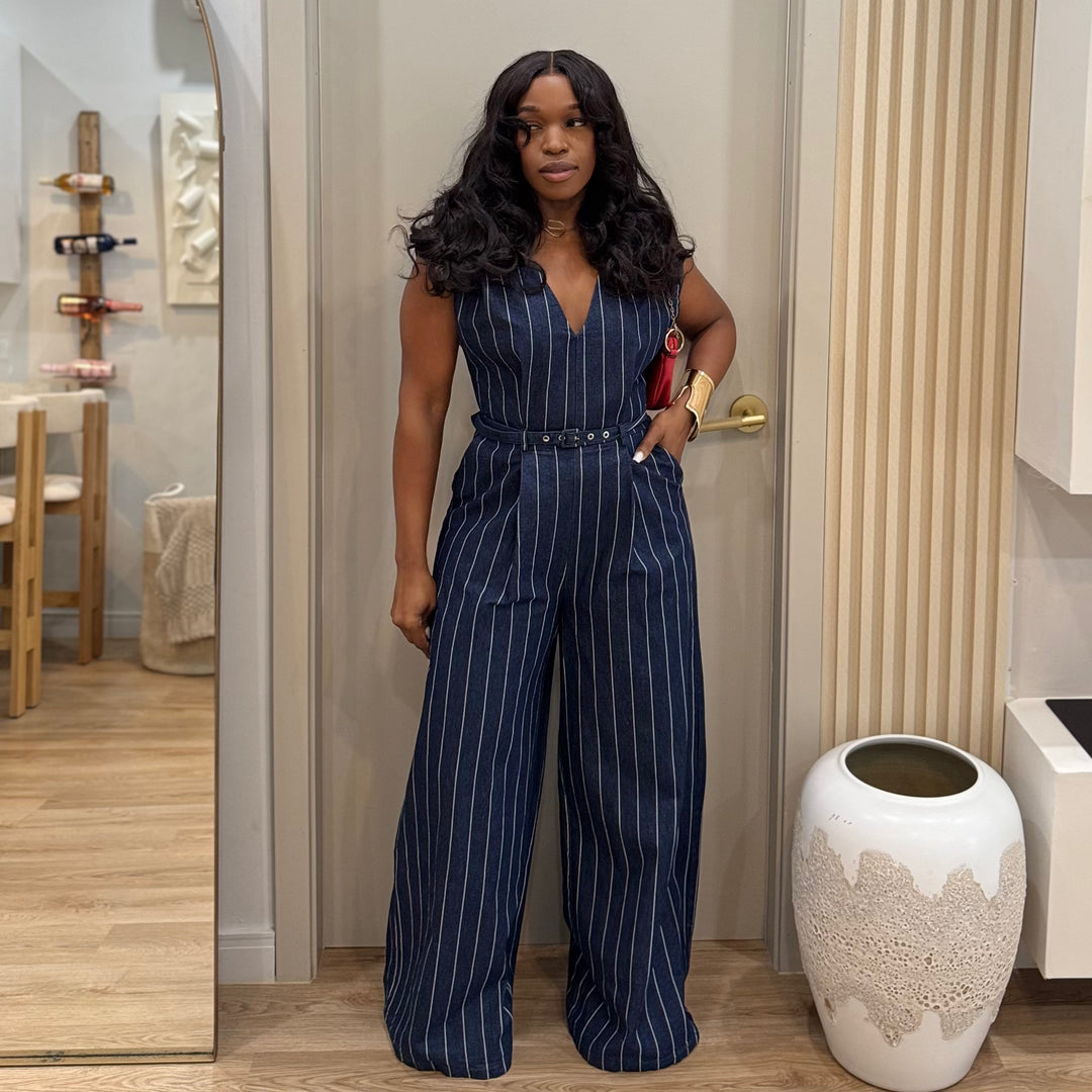 Pursuit stripe denim jumpsuit