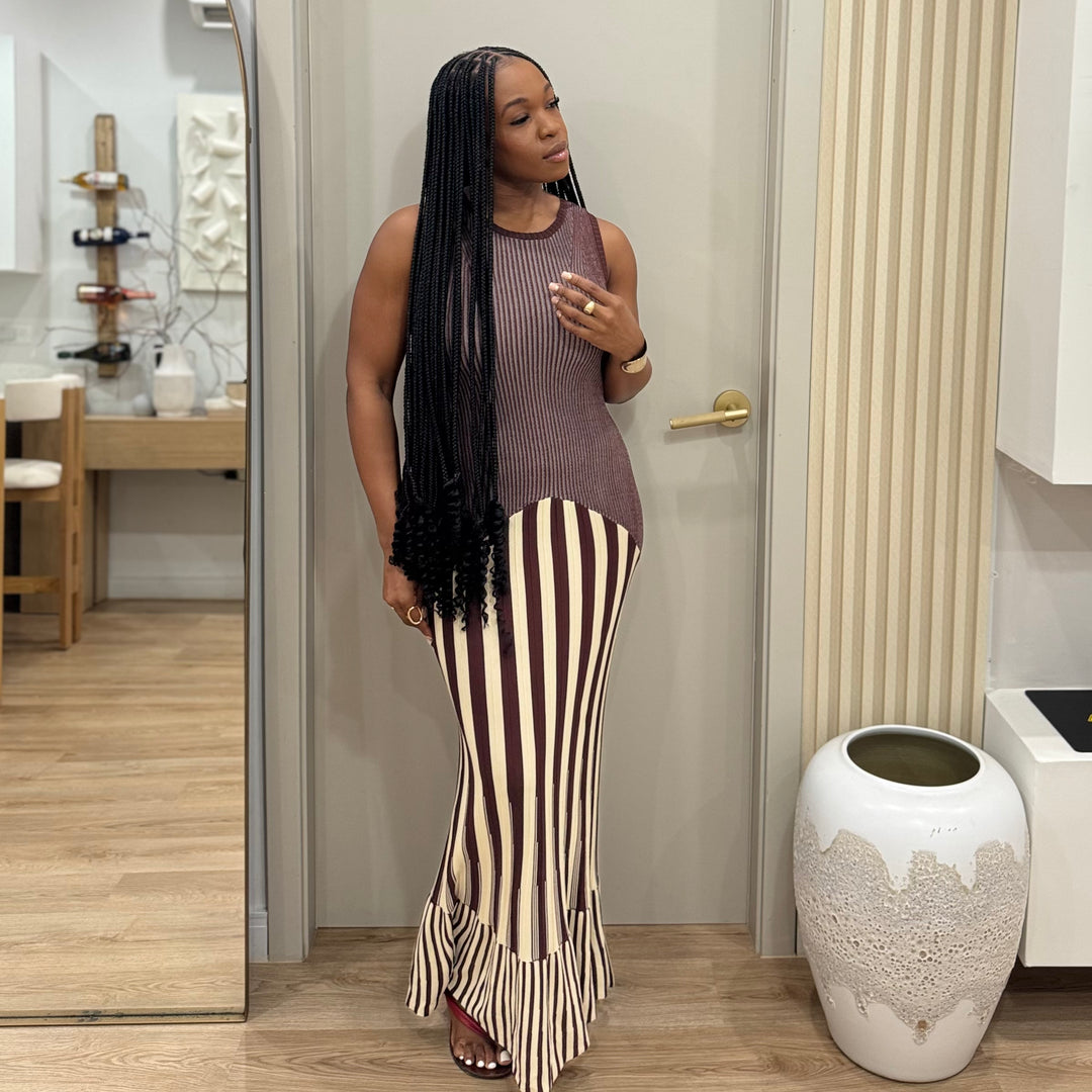 Pistachio dreams stripe midi dress (Brown)