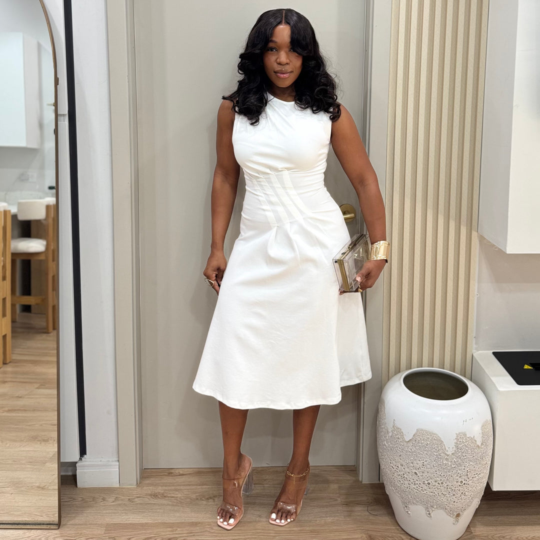 Distinguished lady draped midi dress