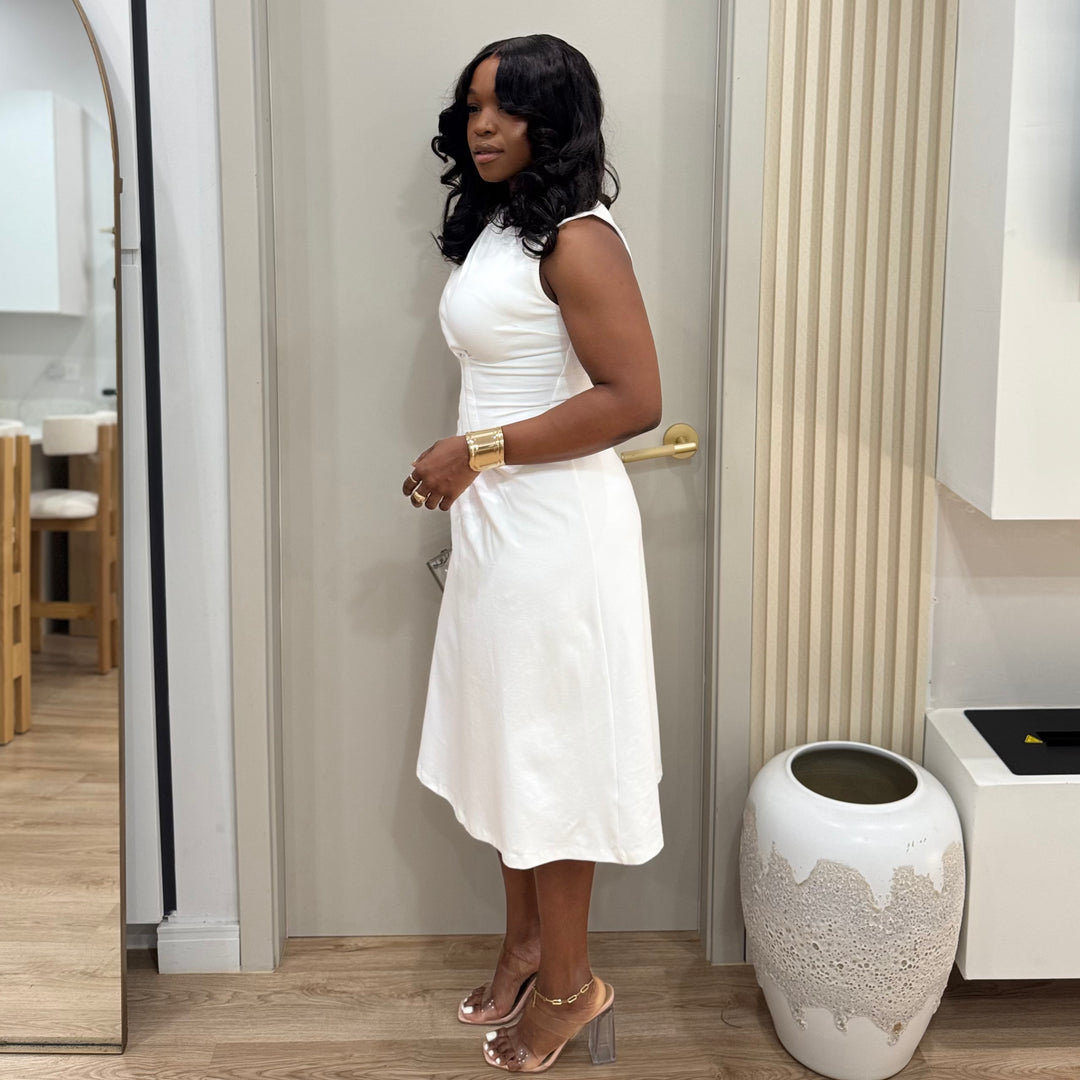 Distinguished lady draped midi dress