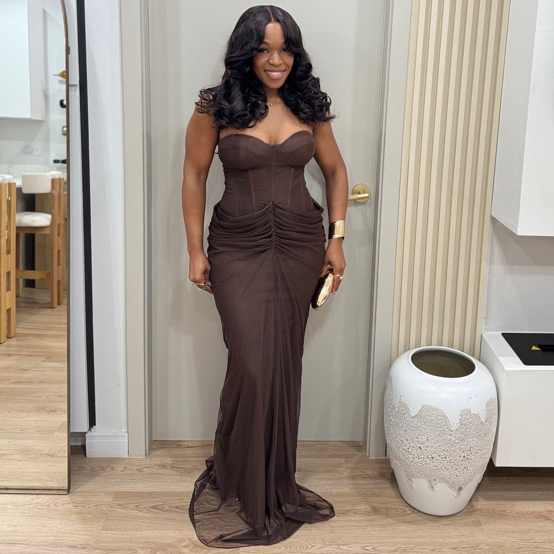 Nuit Royal Mesh Corset maxi dress