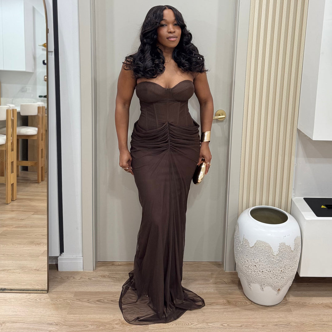 Nuit Royal Mesh Corset maxi dress