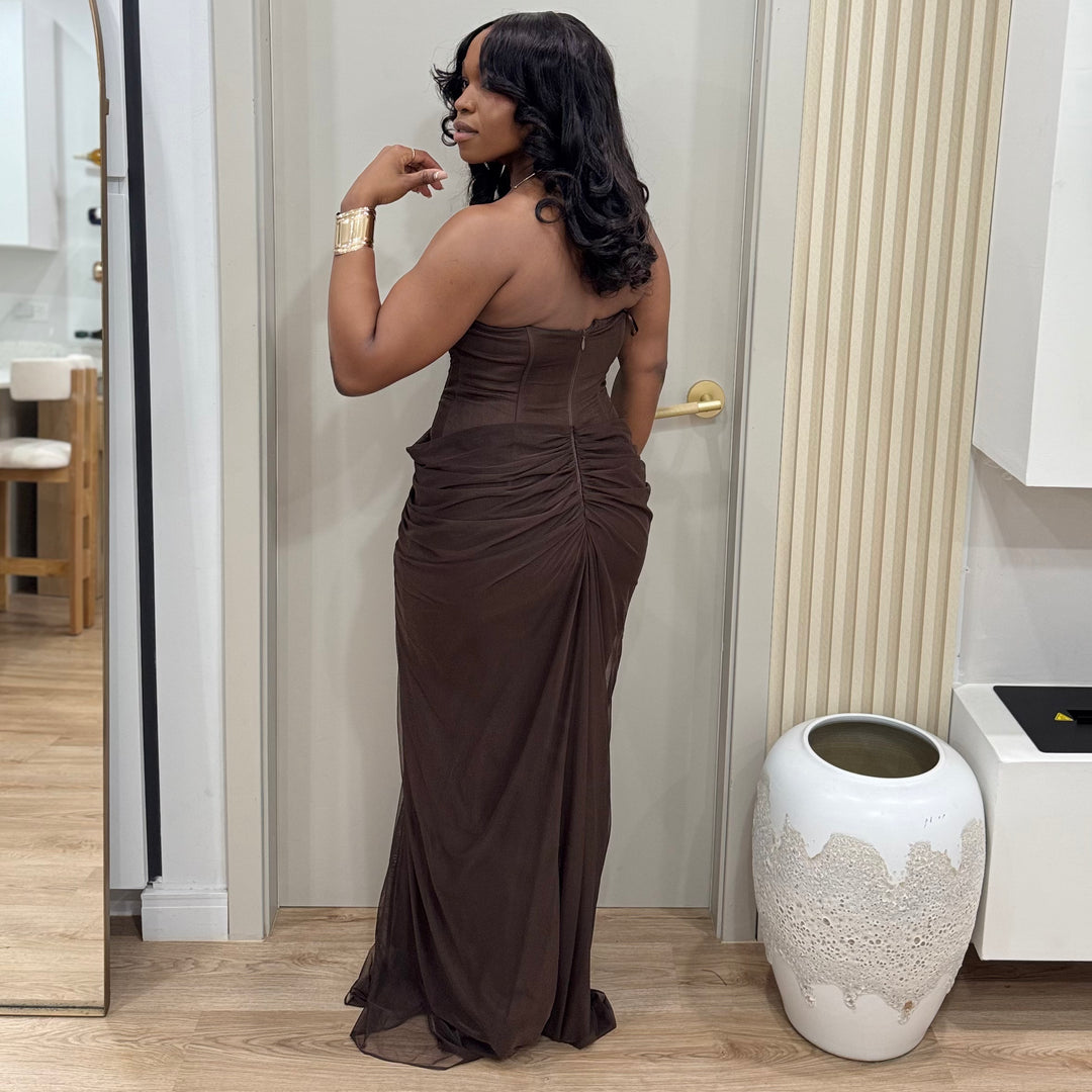Nuit Royal Mesh Corset maxi dress
