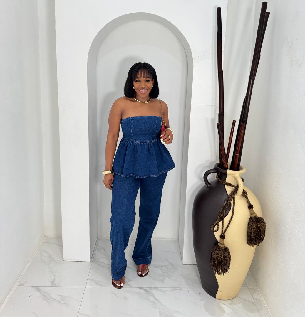 Blue Belle peplum denim set